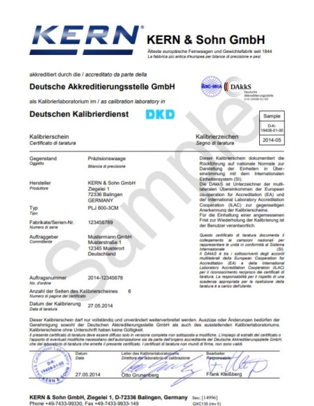 Certificato di taratura Lat DakkS per CCS da 301 a 1500 kg