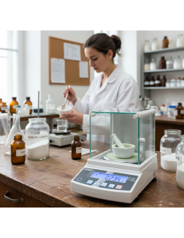 Bilancia a norma Farmacopea mentre viene usata nel laboratorio galenico