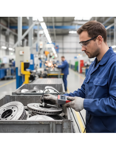Spessimetro digitale a ultrasuoni per controllo non distruttivo su componenti meccanici industriali.