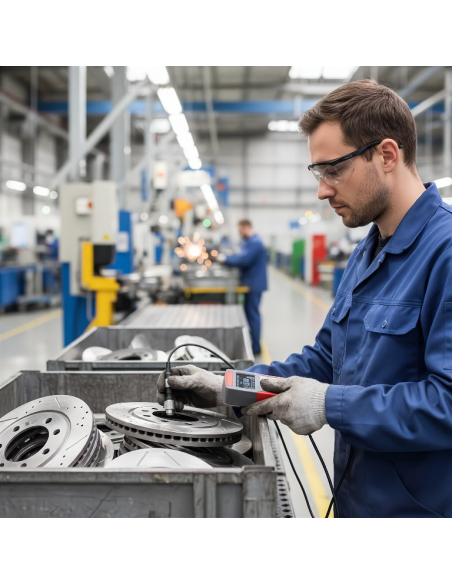 Spessimetro digitale a ultrasuoni per controllo non distruttivo su componenti meccanici industriali.