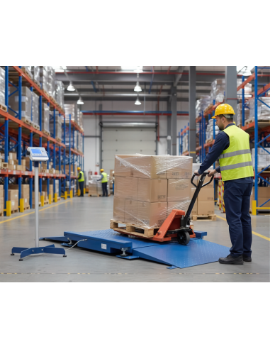 Bilancia con rampe FLP-1 per pesatura pallet con transpallet in magazzino industriale