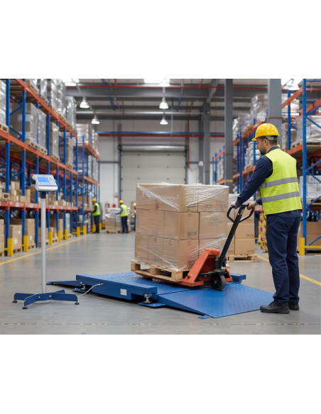 Bilancia con rampe FLP-1 per pesatura pallet con transpallet in magazzino industriale