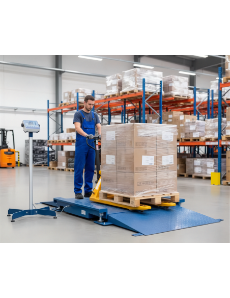Bilancia pesa pallet con rampe per magazzino, adatta alla pesatura di carichi movimentati con transpallet