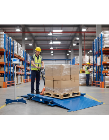 Piattaforma di pesatura industriale FLP-1 con rampe, pianale antiscivolo e display su colonna
