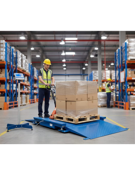 Piattaforma di pesatura industriale FLP-1 con rampe, pianale antiscivolo e display su colonna