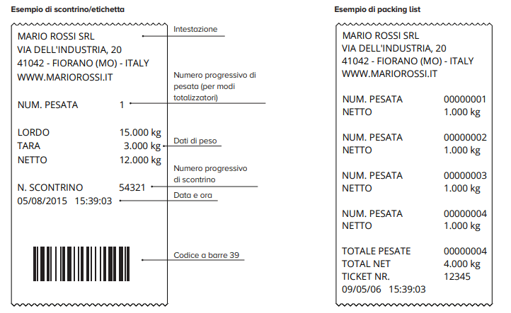 esempio di scontrino / etichetta con transpallet pesatore 